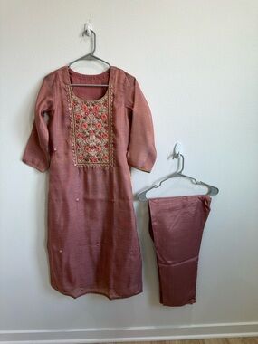 Embroidered Rose Pink Kurta Set